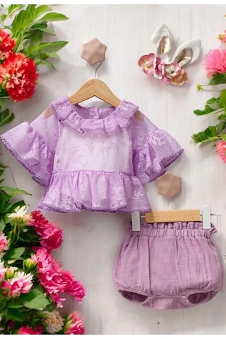 Cantoy Kız Bebek Tül Detaylı Şortlu Taçlı 3'lü Takım Mor