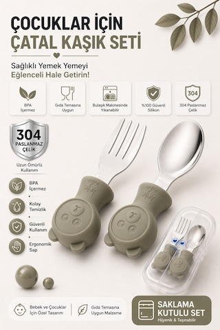 Jojobebek Kaşık Çatal Seti, Ergonomik Kısa Saplı Silikon, Paslanmaz Çelik Uçlu, Saklama Kutulu, 9-24 Ay / Gri