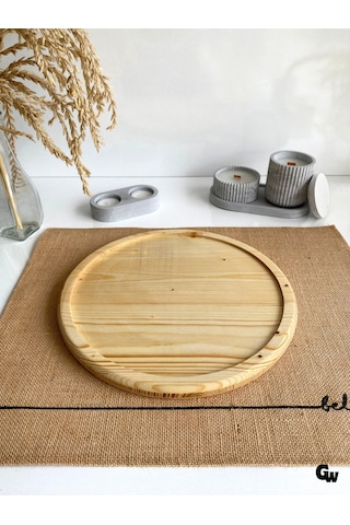 Yuvarlak Doğal Ahşap Sunum Tabağı Çukur Ahşap Sunumluk Beyaz Çam Çap:28cm