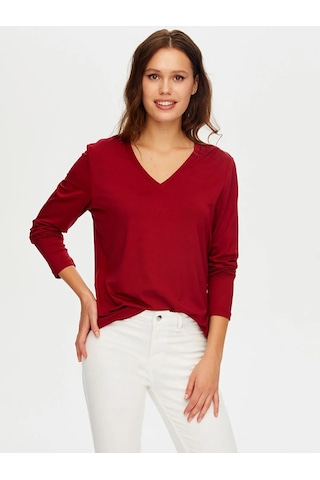 Faik Sönmez V Yaka Kadın Uzun Kol T-shirt W26tsh003 Bordo