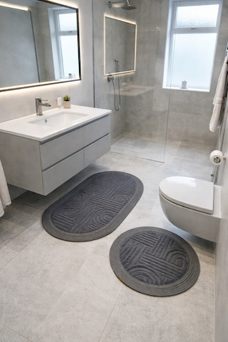 Melena Carpet Premium Kaymaz Taban Banyo Paspası Jüt Kenar Detaylı Oval Yuvarlak Set 100x60-60x60 Antrasit