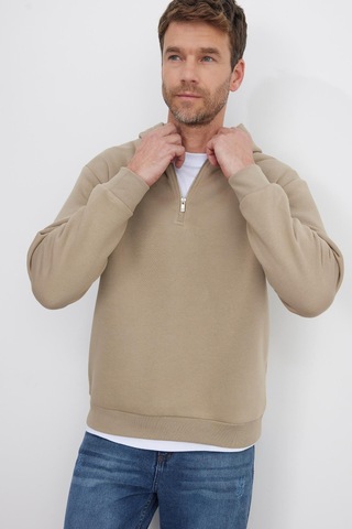 Tudors Unisex Relax Fit Rahat Kesim Pamuklu İçi Polarlı Yarım Fermuarlı Taş Renk Kapüşonlu Sweatshirt-37024 Gri