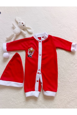 Kız Erkek Bebek Yılbaşı Noel Temalı Tulum Şapka Takımı Kırmızı - Beyaz