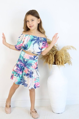 Carmen Yaka Madonna Desenli Etekli Takım - Bahar Esintisi Palmiye Adası Etekli Takım Çok Renkli