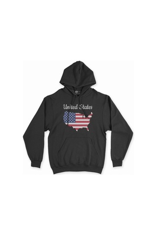 Cix Amerika Haritalı Ve Bayraklı Siyah Kapşonlu Sweatshirt Hoodie SIYAH