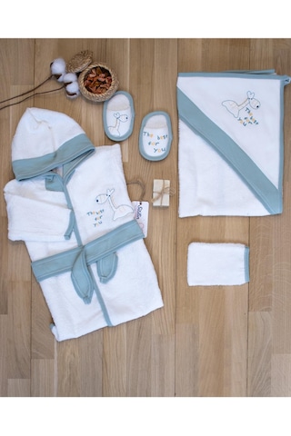 Kız Erkek Yeşil Dino Unisex Bebek Bornoz Takımı Havlu Seti STL6072