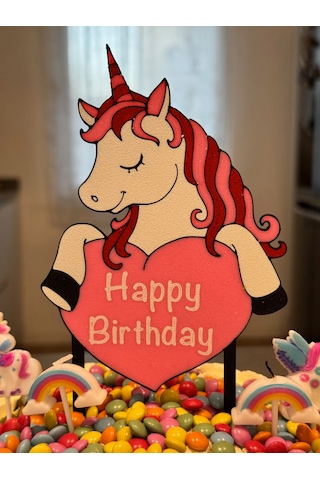 Unicorn Doğum Günü Pasta Süsü - Happy Birthday Yazılı Kız Çocuk