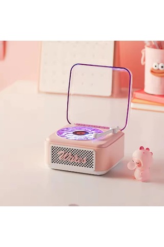 Kargo Nostalji Mini Plak Görünümlü Radyolu Bluetooth Hoparlör 3d Ses Dalgası Retro Müzik Plak Pembe Najmaddin