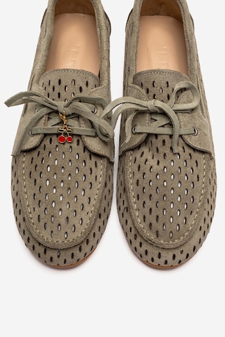 Luvishoes Stevo Yeşil Süet Hakiki Deri Delikli Bağcıklı Kadın Loafer Ayakkabı