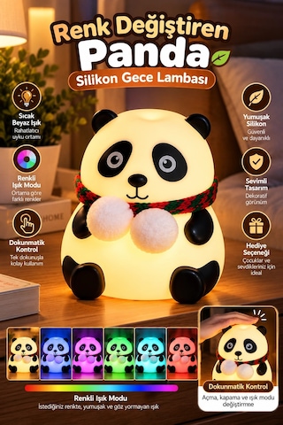 Dokunmatik Kontrollü Renk Değiştiren Panda Gece Lambası Çocuk Odası Ve Yatak Odası Çok Renkli