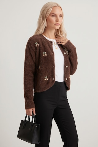 Soft&Basic Taş İşlemeli Yumuşak Tüylü Triko Düğmeli Hırka Kahve