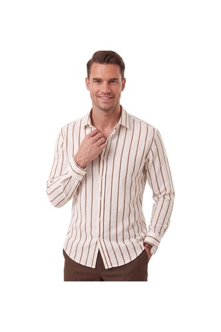 Deepsea Erkek %100 Pamuk Slim Fit Dar Kesim Keten Dokulu Çizgili Uzun Kollu Kahve Gömlek 2600034