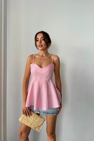 Ahes Shopping Çizgili Gofre Askılı Pens Detaylı Bluz - Pembe Pembe