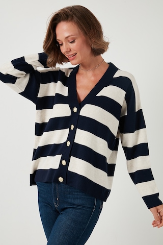 Lela Regular Fit Çizgili V Yaka Düğmeli Soft Akrilik Bayan Hırka 4615188 Lacivert-Taş