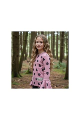 Fesshera Kids Kız Çocuk Sweatshirt Uzun Kollu Fitilli Kalp Desenli İspanyol Kol Kesimli Pamuklu Kışlık Sweatshirt Pembe