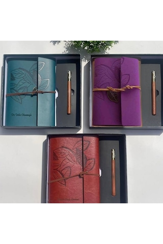 Kişiye Özel İsim Yazılı Yaprak Desenli Deri Defter Ve Kalem Hediye Seti Mor