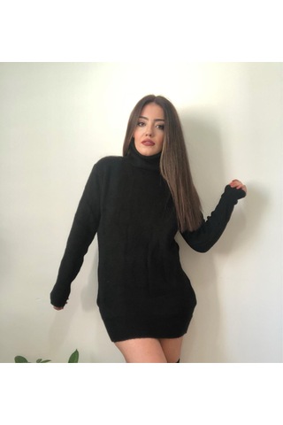 Kadın Siyah Balıkçı Yaka Selanik Örme Triko Kazak Tunik Siyah