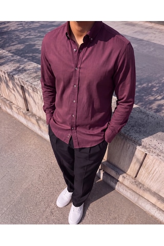 Hazego Erkek Standart Kesim Gabardin Kumaş Uzun Kollu Gömlek Bordo