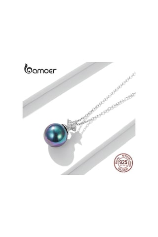 Bamoer 925 Ayar Gümüş Zarif Siyah İnci Charm Kolye Kabuk İnci Zirkon Zincir Kolye Kadınlar İçin Güzel Takı Gümüş
