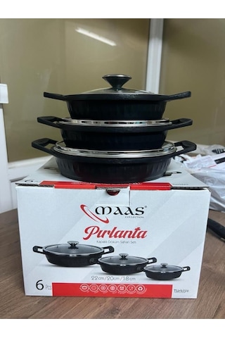 Maas Pırlanta 6 Parça Döküm Granit Sahan Seti 18-20-22 Cm Siyah