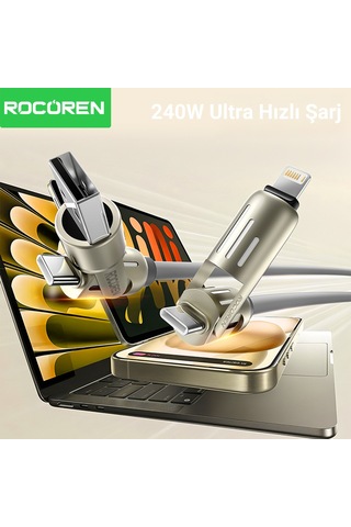 Rocoren 240w 4'ü 1 Arada Type-c / Usb-a / Lightning Gri Silikon Şarj Ve Data Kablosu 1.2 Metre