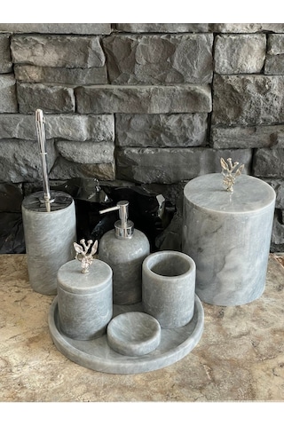 Gri Polen Stone Mermer Japon Gülü Gümüş Aksesuarlı 7'li Banyo Seti Beyaz