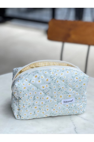 Batekso Büyük Boy Beyaz Papatya Desenli Makyaj Çantası