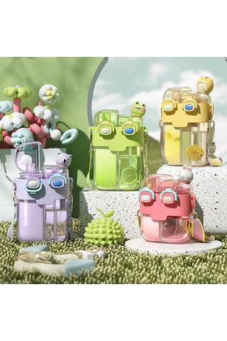 Kawaii Su Şişeleri Samanlı, Moda Plastik Çift İçme Suyu Şişesi Spor Fitness Gym Camping Lavanta 780ml İçin Ayarlanabilir Kayış Gül Kırmızı