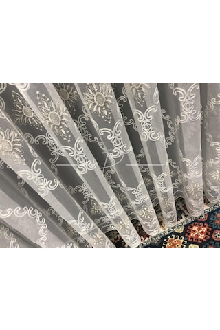 Tül Perde Taç Marka Etek Geniş Kurdale Nakış Işleme -26295 Çok Renkli