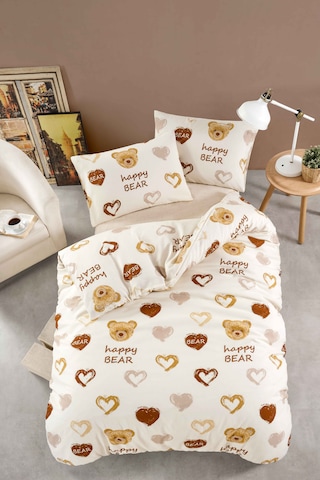 Tabu Home Ranforce Ayıcıklı Kalpli Çarşafı Lastikli Tek Kişilik Nevresim Takımı