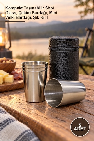 5 Adet Deri Kılıflı Shot Bardak Kompakt Taşınabilir Shot Glass, Çekim Bardağı, Mini Viski Bardağı, Şık Kılıf