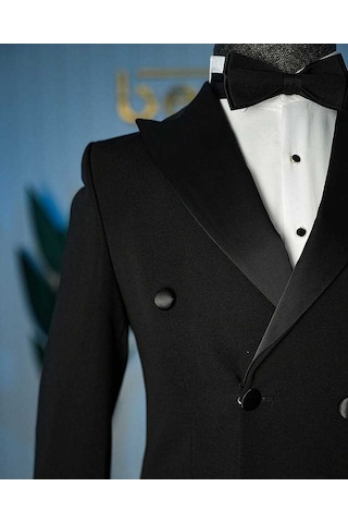 Bys Beystil Erkek Siyah Saten Yakalı Kruvaze Damatlık Ve Smokin Takım - Slim Fit