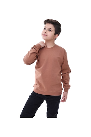 Basic Bisiklet Yaka Şardonlu Çocuk Sweatshirt 3-10 Yaş Krem Kahverengi