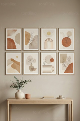8 Parça Modern Minimal Soyut Botanik Dekoratif Çerçeve Görünümlü Tablo Seti - Minimalist Tema