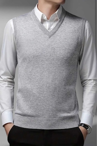 Tezzgelsin Erkek V Yaka Triko Tüylenmez Süveter Erkek Slim Fit Süveter Gri