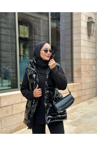 Hb Harma Time Butik Kadın Siyah Parlak Fermuarlı Çıt Çıtlı Cepli Şişme Yelek
