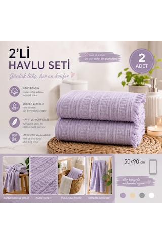 2'li Yüz Havlusu Seti 50x90 Cm Pamuklu El Havlusu Püsküllü Yumuşak Dokulu Yüksek Emici Günlük Kullanım Lila
