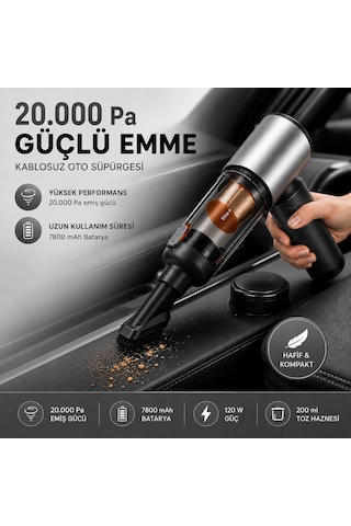 20.000 Pa Kablosuz Araç Süpürgesi 120w Güçlü Emiş 7800 Mah Şarjlı El Süpürgesi 8 Başlıklı Hepa Filtreli Mini Vakum Gri