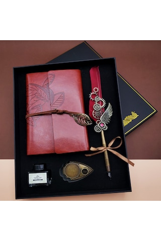 Divit Hokka Defter Ve Tüylü Kalem Seti Nostaljik Mürekkepli Yazı Seti Hediye Kutulu Gül Kırmızı