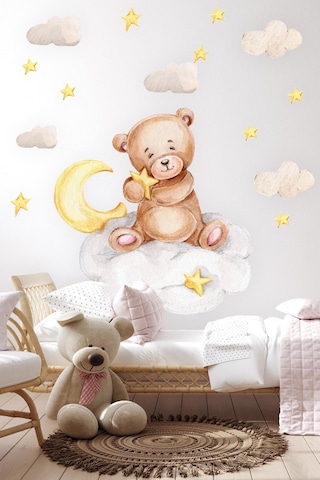 Ayda Oturan Ayıcık Yıldızlar Ve Ay Çocuk Bebek Odası Duvar Sticker Seti