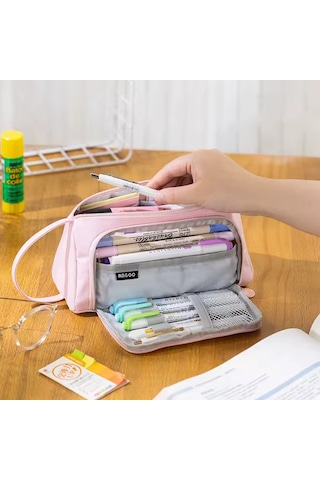 Geniş Büyük Kapasiteli Çok Fonksiyonlu Pastel Renkli Kalemlik Kalem Kutusu Çantası Makyaj Çantası Orijinal Angoo Büyük Kapasiteli Twill Kalemlik - Kalem Kutusu Pembe