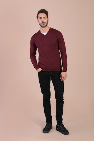 Ferraro V Yaka Superfine Yün Kazak - Bordo Bordo