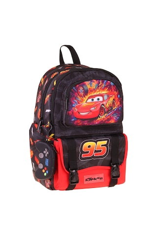 Kaukko Kids Dört Bölmeli Erkek Çocuk Yarış Arabası Baskılı Kırmızı - Siyah Okul Sırt Çantası - L5399