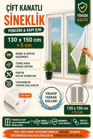 Cırtlı Yapışkanlı Sineklik Seti 130x150 Cm Çift Kanatlı Pencere Kapı Sinekliği Güçlü Yapışma Yıkanab