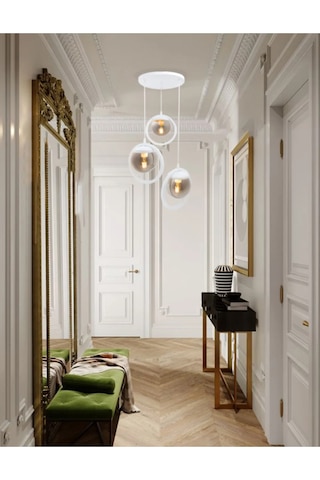 Halka 3 Lu Tepsi. Glop Füme Rengi Camlı Beyaz Avize. Salon, Mutfa Beyaz