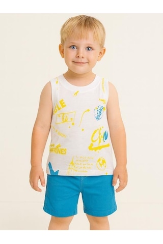 Erkek Bebek Pamuklu Renkli Yazı Baskılı Kolsuz T-shirt-16000 Beyaz