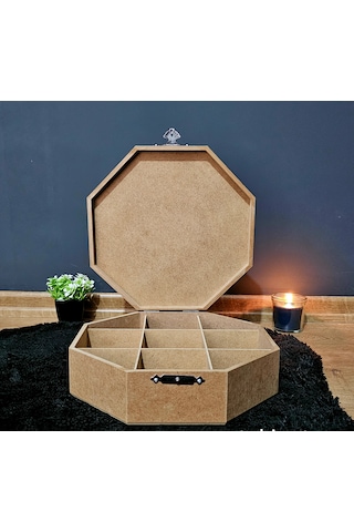 Ahşap Sekizgen Model 9 Bölmeli Aksesuar Kutusu Ham Boyanabilir