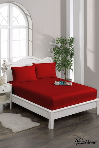 %100 Pamuk Çizgili Saten Tek / Çift Kişilik Lastikli Çarşaf Seti 100x200 160x200 180x200 Bordo