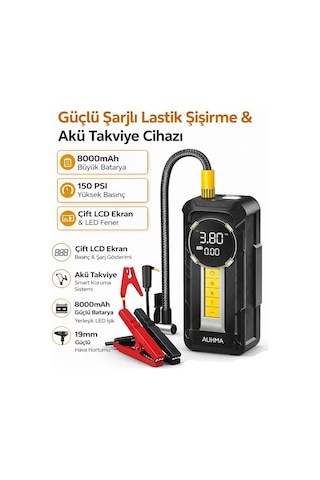 Auhma A8899 4'ü 1 Arada Akü Takviyeli Şarjlı Hava Pompası 8.000 Mah Powerbank & Dijital Fener