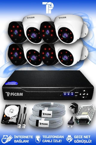 Picam 8 Kameralı Uzay 4 İç Kamera Set 320 GB HDD Full HD Gece Görüşlü Güvenlik Kamerası Sistemi